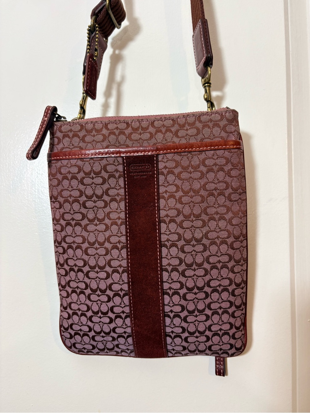 2005 Coach Signature Canvas Burgundy Suede Stripe Swingpack Crossbody
